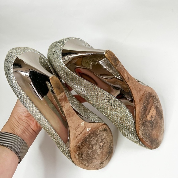 JIMMY CHOO Metallic Champagne Glitter Baxen Peep Toe Wedge 39.5 - Picture 6 of 6